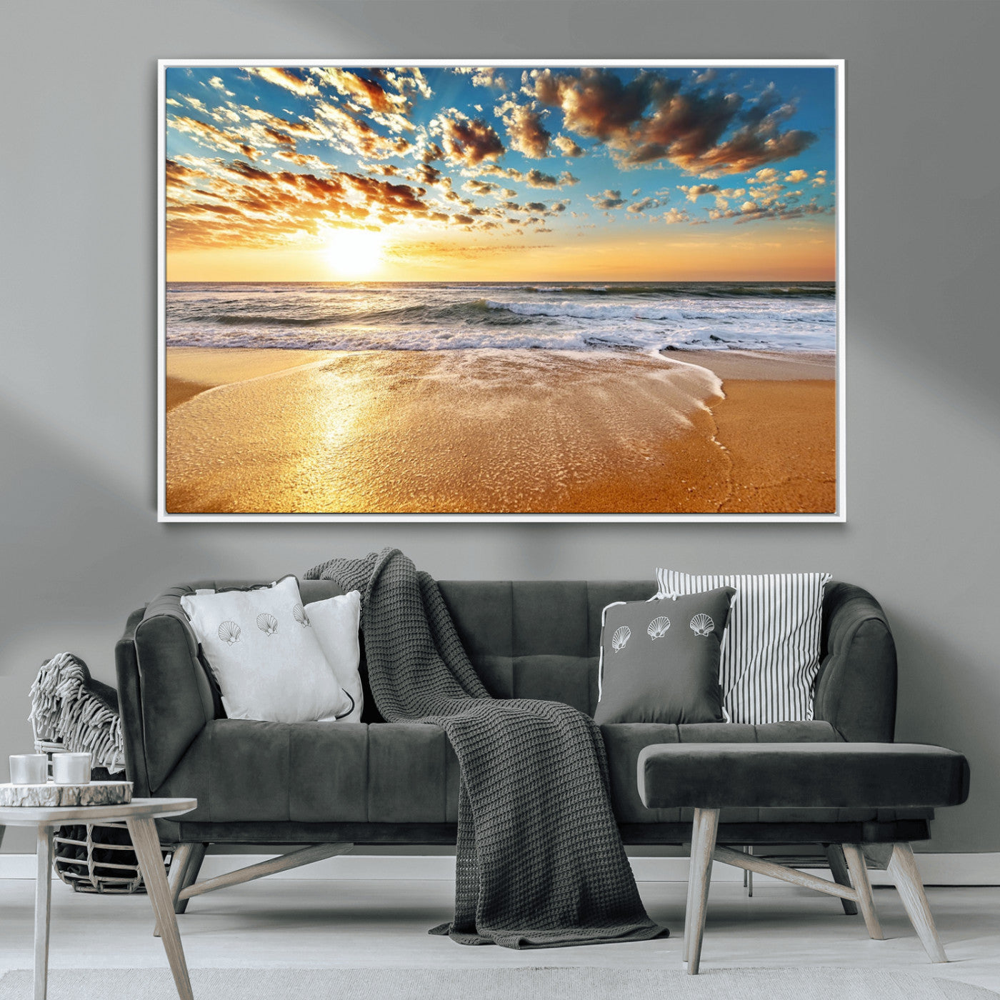MGV-FC-36X24 - Golden Sunset Beach Print Canvas Wall Art, Giclee Canvas Print with Canon Print Quality, Triptych