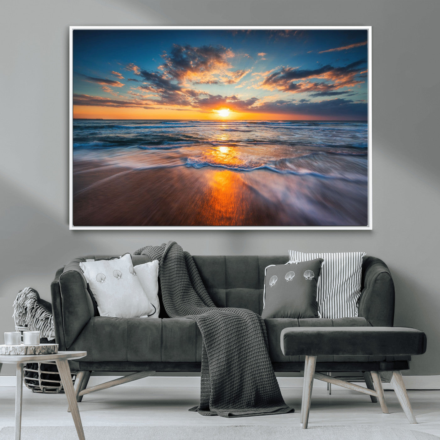 MGV-FC-36X24 - Sunset on the Ocean Beach with Waves, Reflections on Sand, Coastal Wall Art Print, Beach Wall Art,
