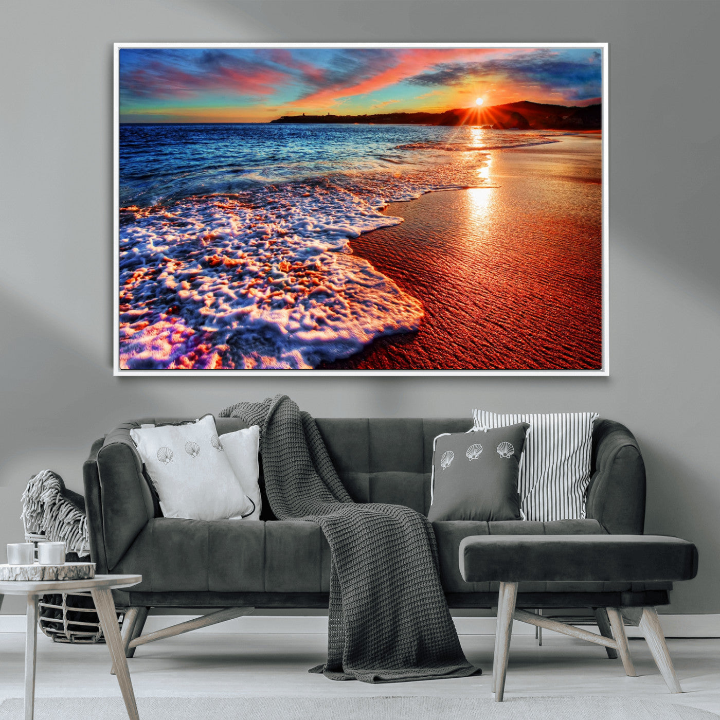 MGV-FC-36X24 - Colorful Coastal Sunset on the Beach Canvas Print, Ocean Waves Crashing at Dusk, Multi-Panel Seascape Vibrant Coastal Wall Art Canvas Print