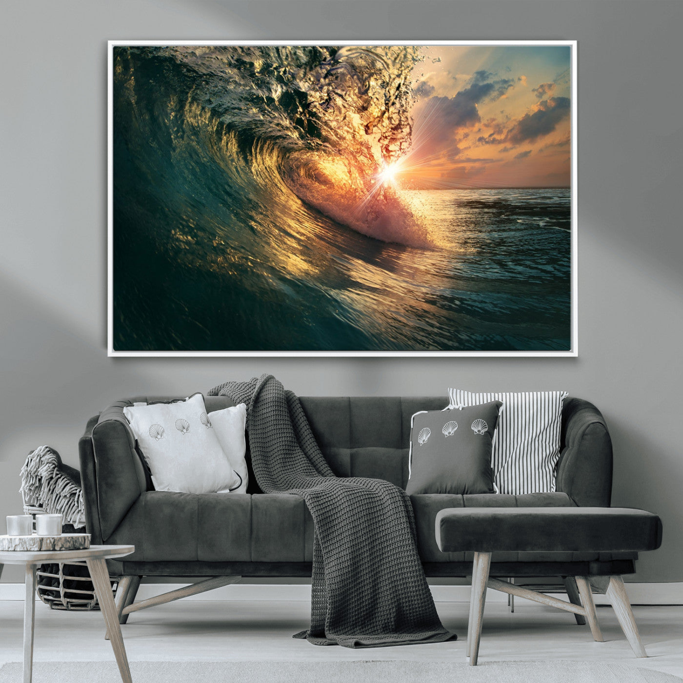 MGV-FC-36X24 - Ocean Wave Sunset Canvas Wall Art – Triptych Seascape Print – Framed and Ready to Hang for Living Room or Office