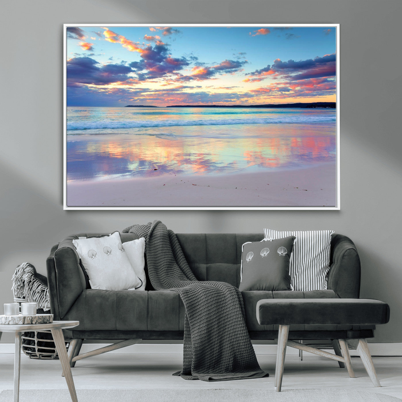 MGV-FC-36X24 - Tranquil Pastel Sunset Beach Triptych Canvas Art, Soothing Coastal Ocean Shoreline Giclee Print, Beach Reflections Wall Decor for Serene Spaces