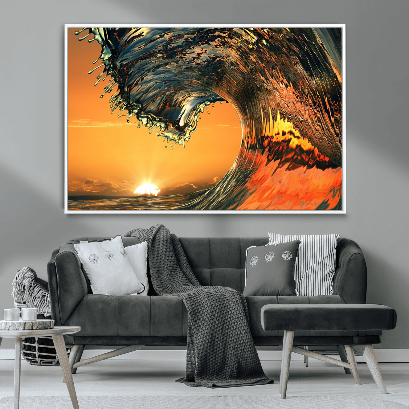 -Surf Wave Sunset Canvas Wall Art Print, 3-Panel Ocean Coastal Wall Art Print, Ocean Decor for