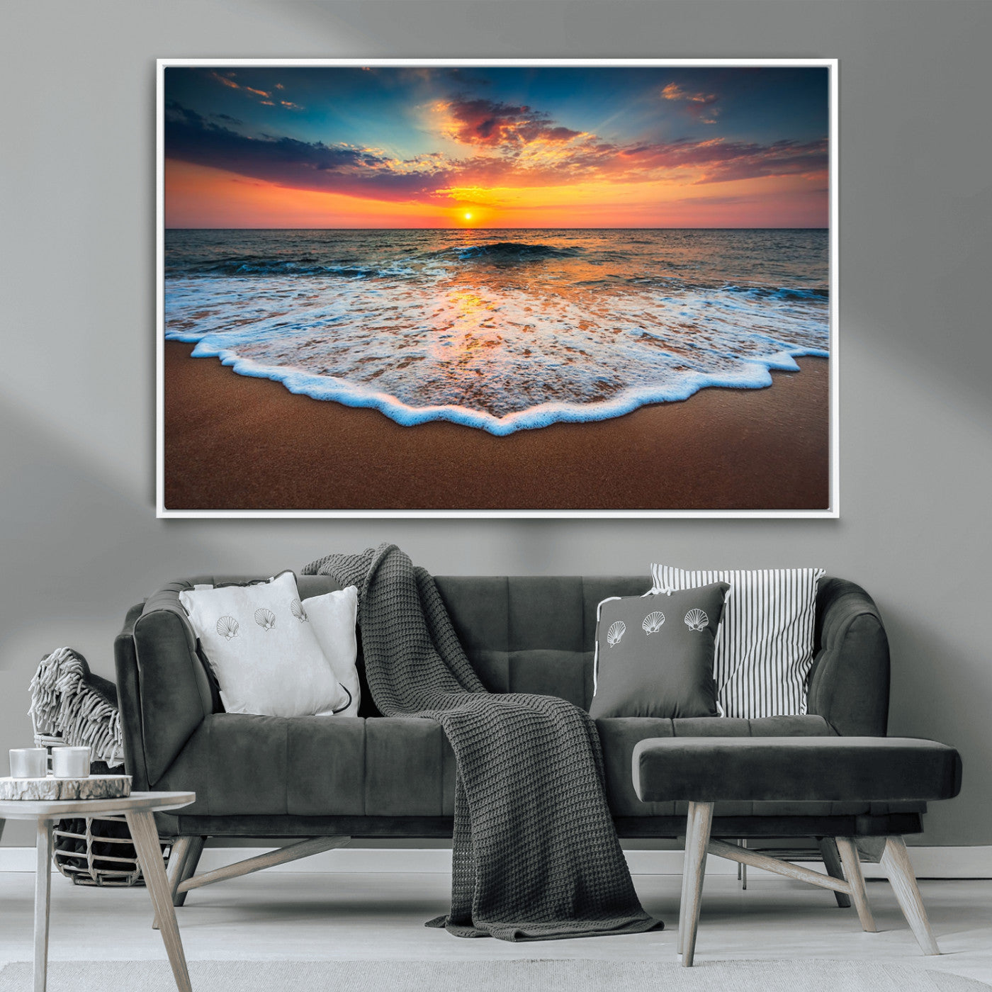MGV-FC-36X24 - Sunset Beach Canvas Wall Art – Colorful Ocean Waves Triptych – Coastal Decor for Living Room or Bedroom – Framed and Ready to Hang