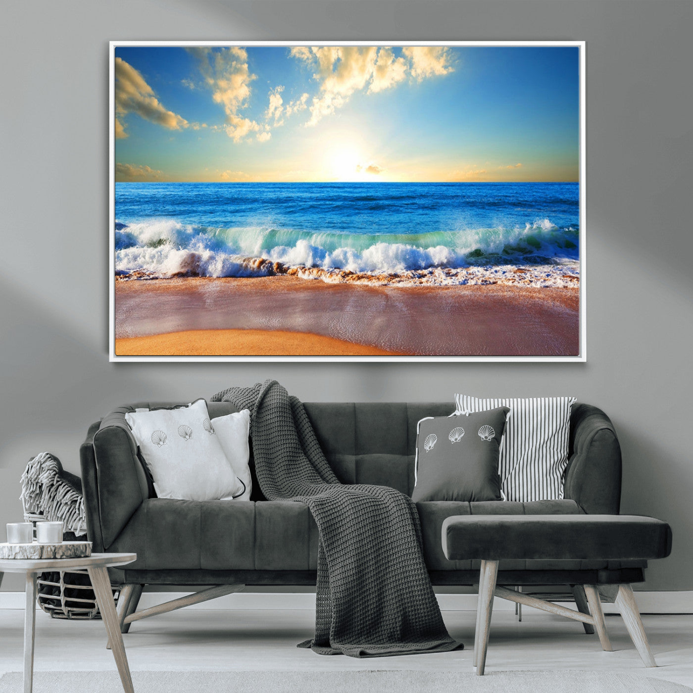 MGV-FC-36X24 - Tropical Beach Sunset Canvas Art, Ocean Waves and Sandy Shoreline Wall Art, Large Beach Decor for Coastal Homes
