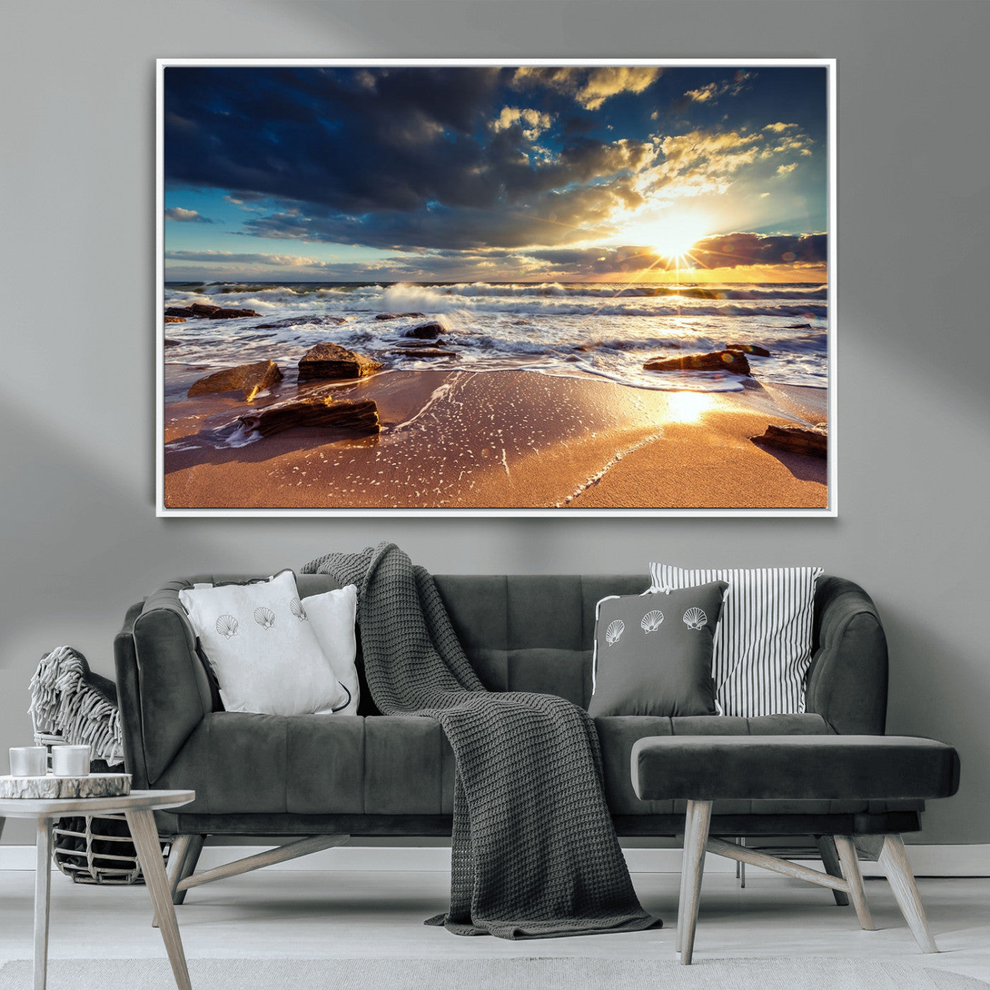 MGV-FC-36X24 - Golden Hour Beach Sunset Canvas Triptych, Ocean Waves and Rocks Wall Art for Coastal Home Decor