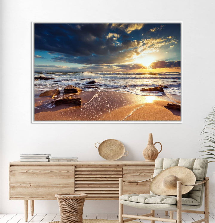 The Golden Hour Beach Sunset triptych adorns the wall with its captivating imagery.