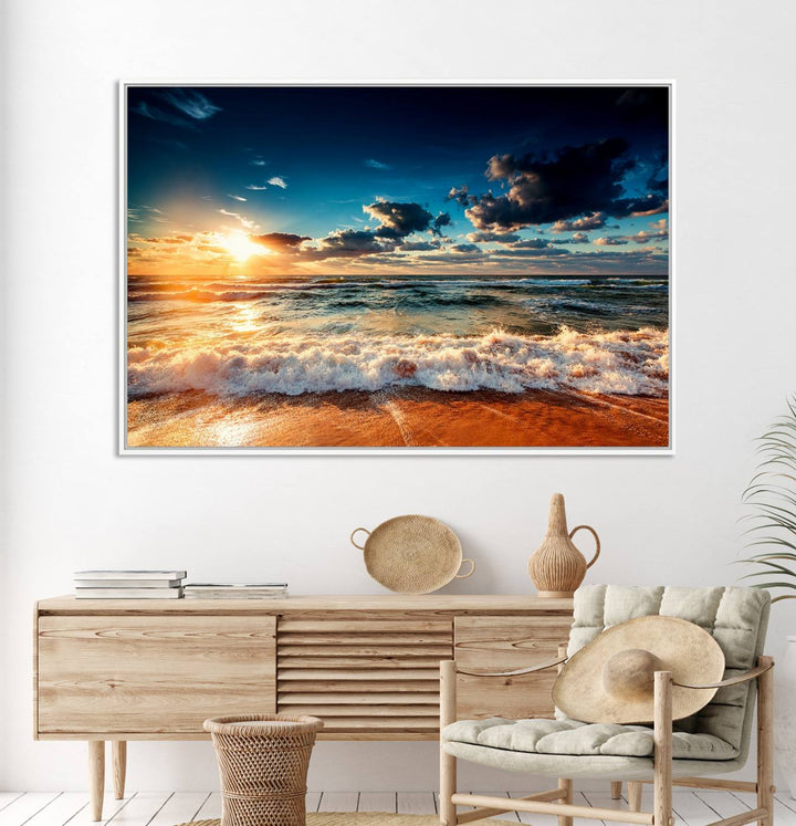 Golden Hour Sunset Over Ocean Waves Canvas: 3-Panel Coastal Landscape Art with Stunning Beach Photography Print.