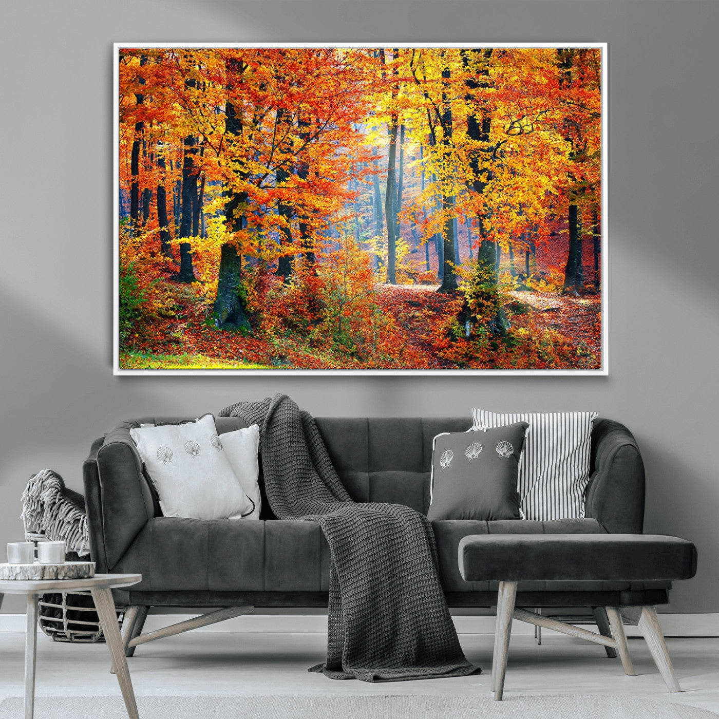 MGV-FC-36X24 - Autumn Red Forest Triptych Canvas Wall Art Print, Forest Wall Decor, Fall Landscape Art | Season Nature Landscape for Home or Office