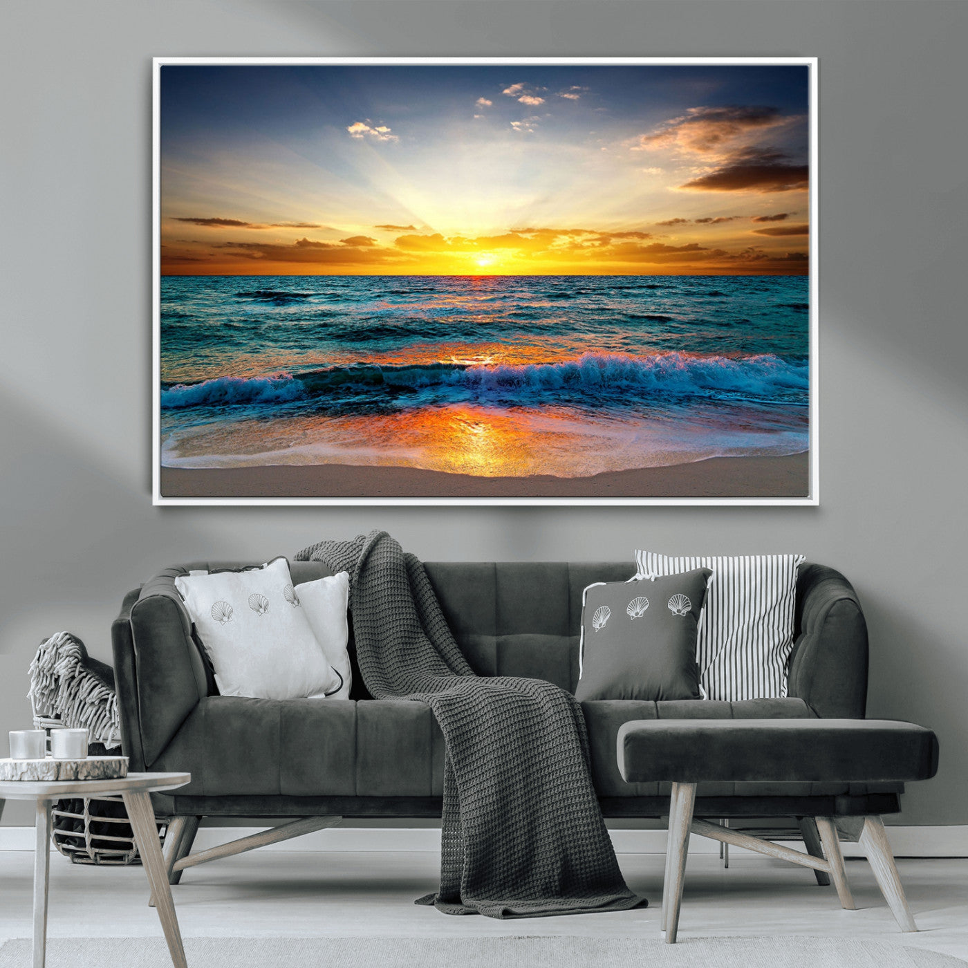 MGV-FC-36X24 - Vibrant Ocean Sunrise Over Golden Beach Waves, Giclee Canvas Wall Art Set, High-Quality Stretched Canvas Print, Ready to Hang Coastal Sunset Wall