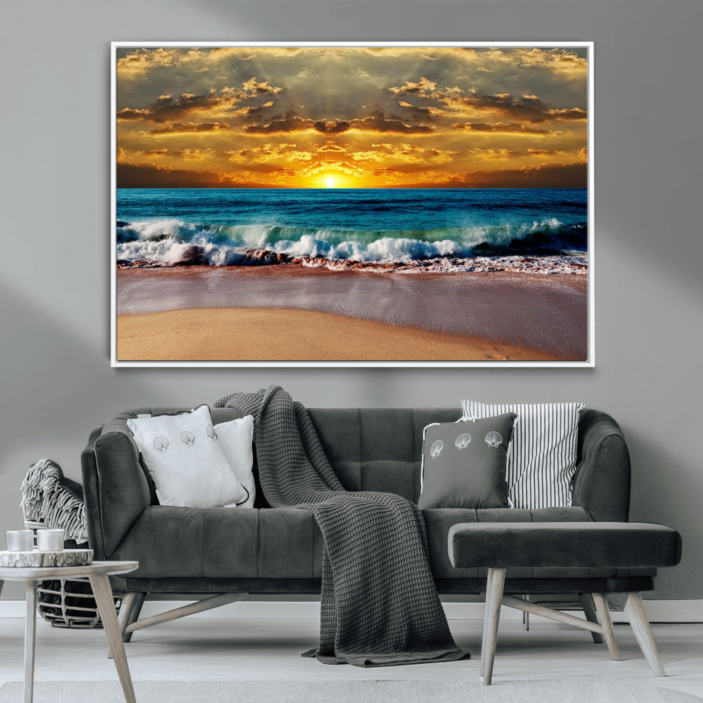 MGV-FC-36X24 - Ocean Sunrise Over Golden Beach Waves, Giclee Canvas Wall Art Set, High-Quality Stretched Canvas Print, Ready to Hang Coastal Sunset Wall Decor