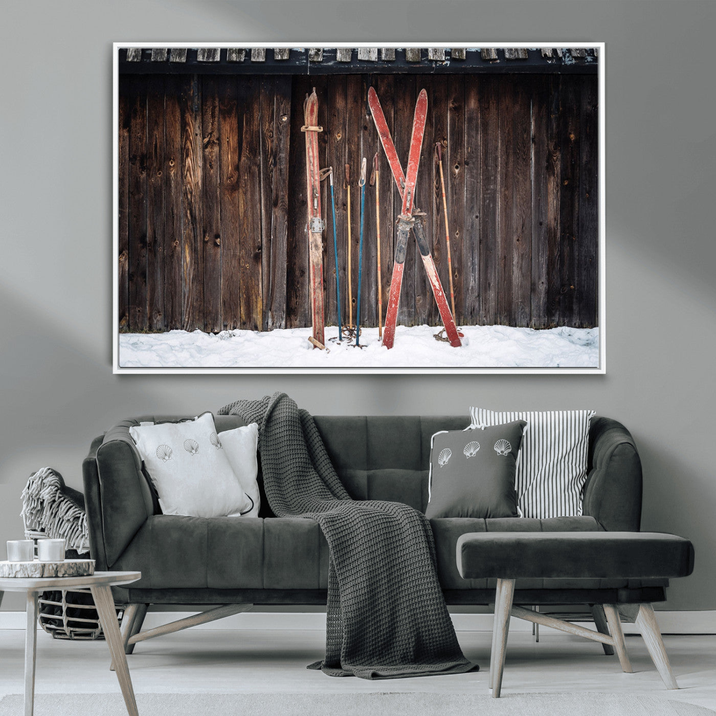 MGV-FC-36X24 - Vintage Ski Gear Against Wooden Cabin Wall, Rustic Winter Sports Equipment Canvas Print, Ready to Hang Wall Art, Perfect for Lodge or Ski Cabin Decor