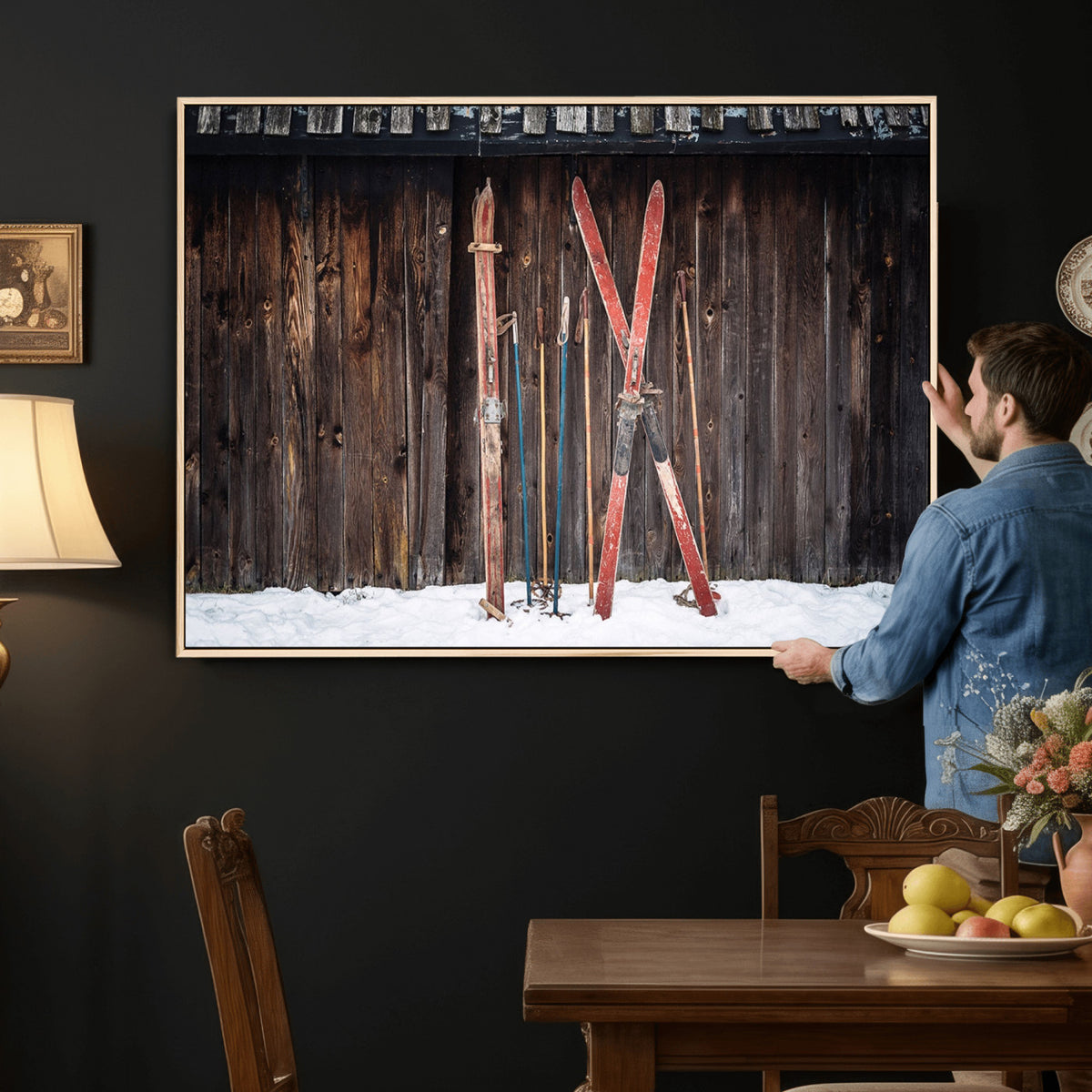 78590-MGV-CV-36X24 - Vintage Ski Gear Canvas Print, Vintage Ski Gear Against Wooden Cabin Wall