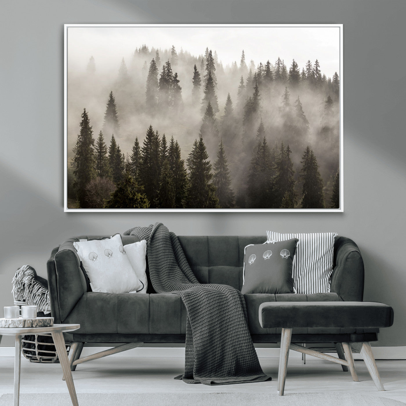 MGV-FC-36X24 - Foggy Mountain Wall Art | 3-Panel Foggy Forest and Mountain Landscape | Large Giclee Print for