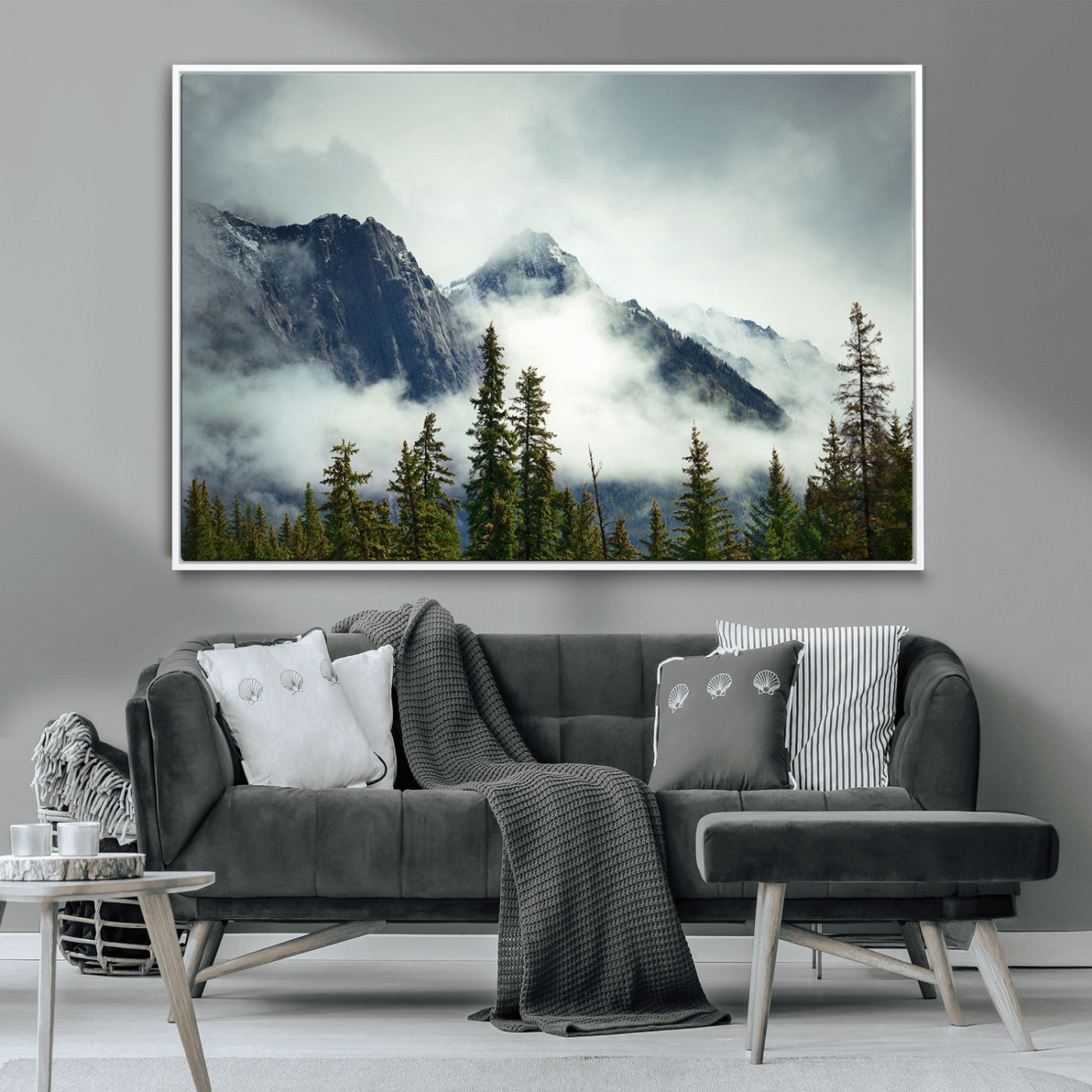 MGV-FC-36X24 - Mountain Mist Canvas Wall Art | 3-Panel Foggy Forest and Mountain Landscape | Large Giclee Print for Living Room, Office, or Cabin, Farmhouse Decor