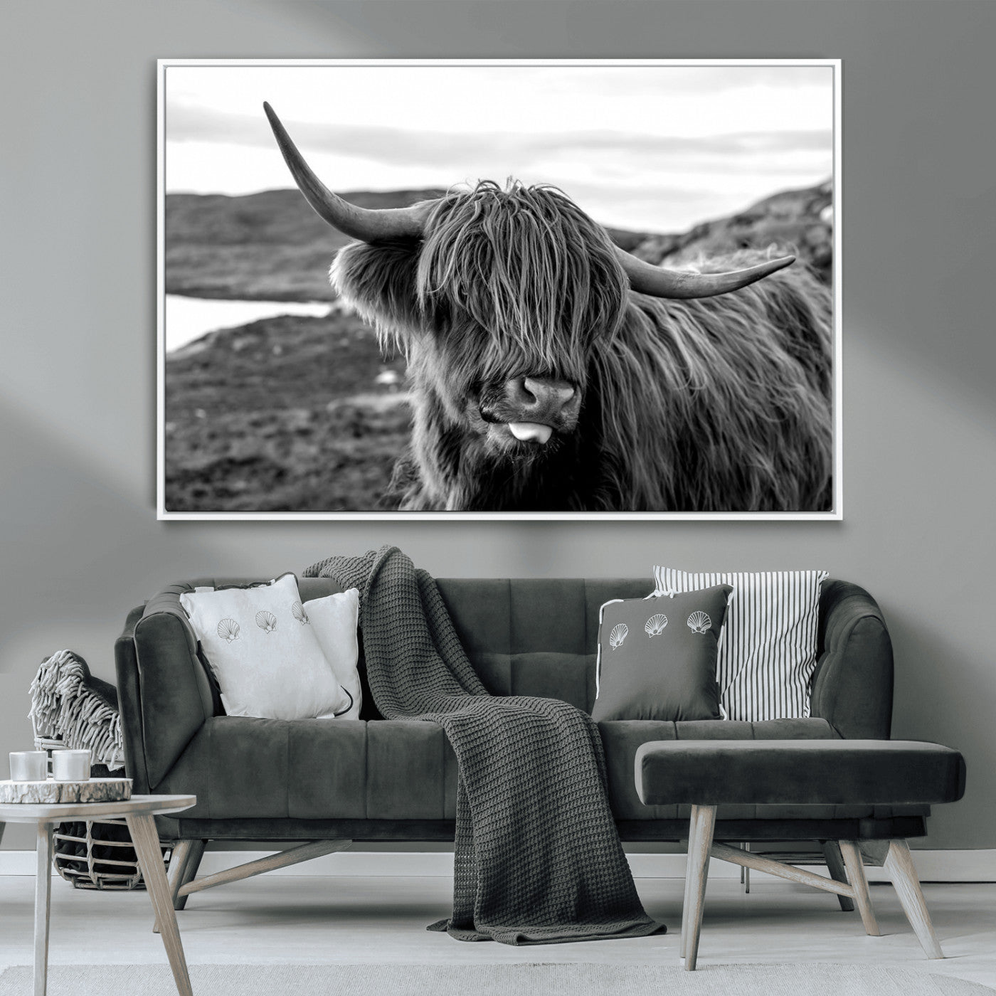 MGV-FC-36X24 - Highland Cow Canvas Wall Art – Black and White Animal Portrait – Framed and Ready to Hang Rustic Farmhouse Decor for Living Room or Office