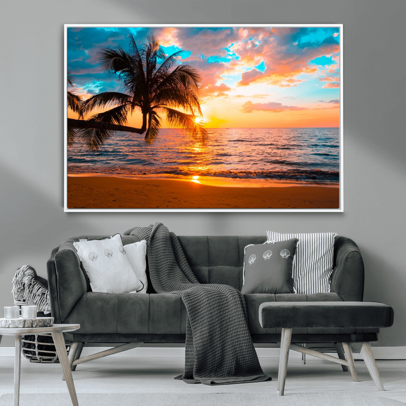-Palm Tree Sunset On The Beach Wall Art Canvas, Framed Palm Tree Sunset Canvas Print