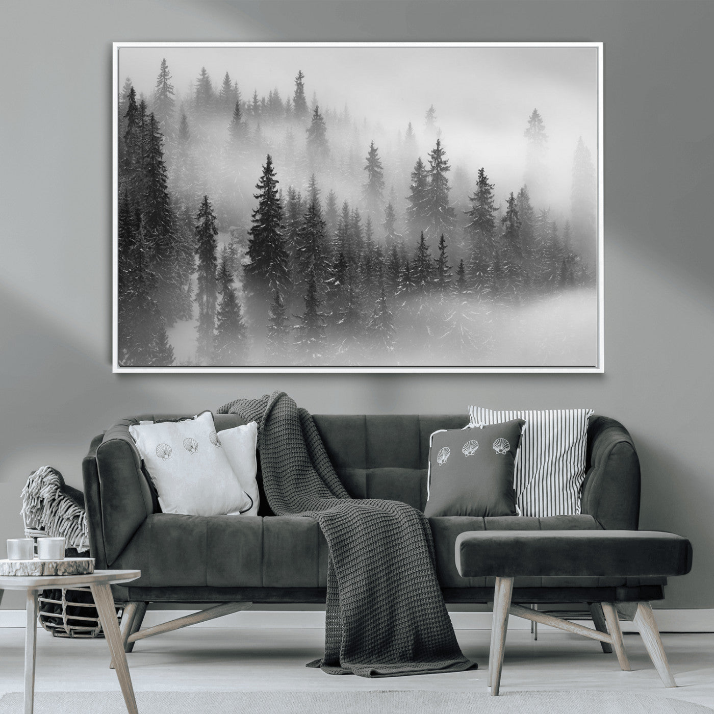 MGV-FC-36X24 - Black and White Forest Wall Art Print – Misty Pine Tree Canvas Print – Winter Woodland Nature Artwork – Perfect for Minimalist Home Decor