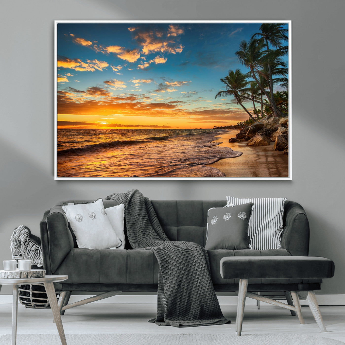 MGV-FC-36X24 - Tropical Beach Sunset Wall Art Print – Palm Tree Coastal Canvas Print – Ocean Seascape Artwork – Perfect for Tropical Modern Home Decor