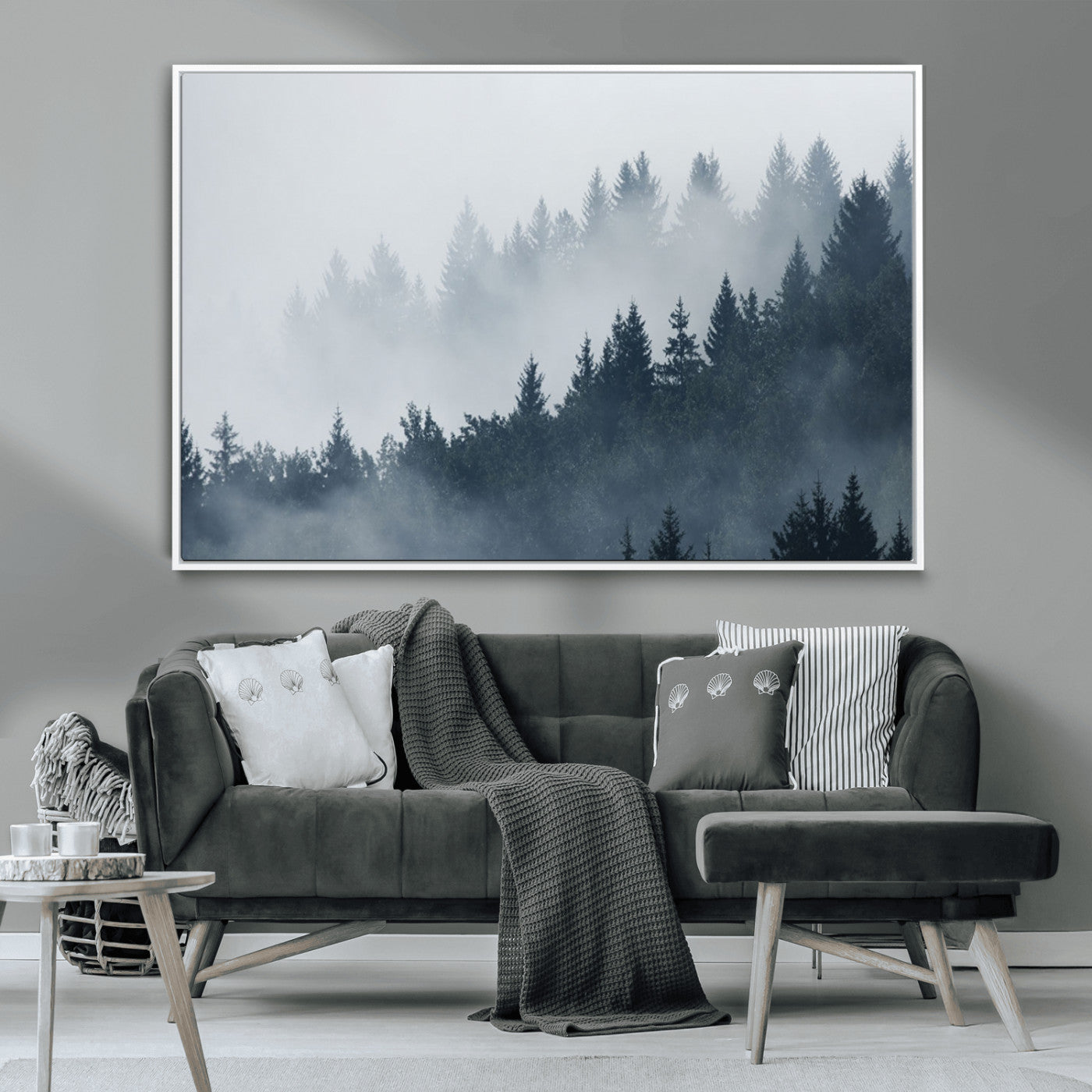 MGV-FC-36X24 - Misty Forest Wall Art Print – Foggy Pine Tree Canvas Print – Dark Woodland Nature Artwork – Perfect for Minimalist and Modern Home Decor