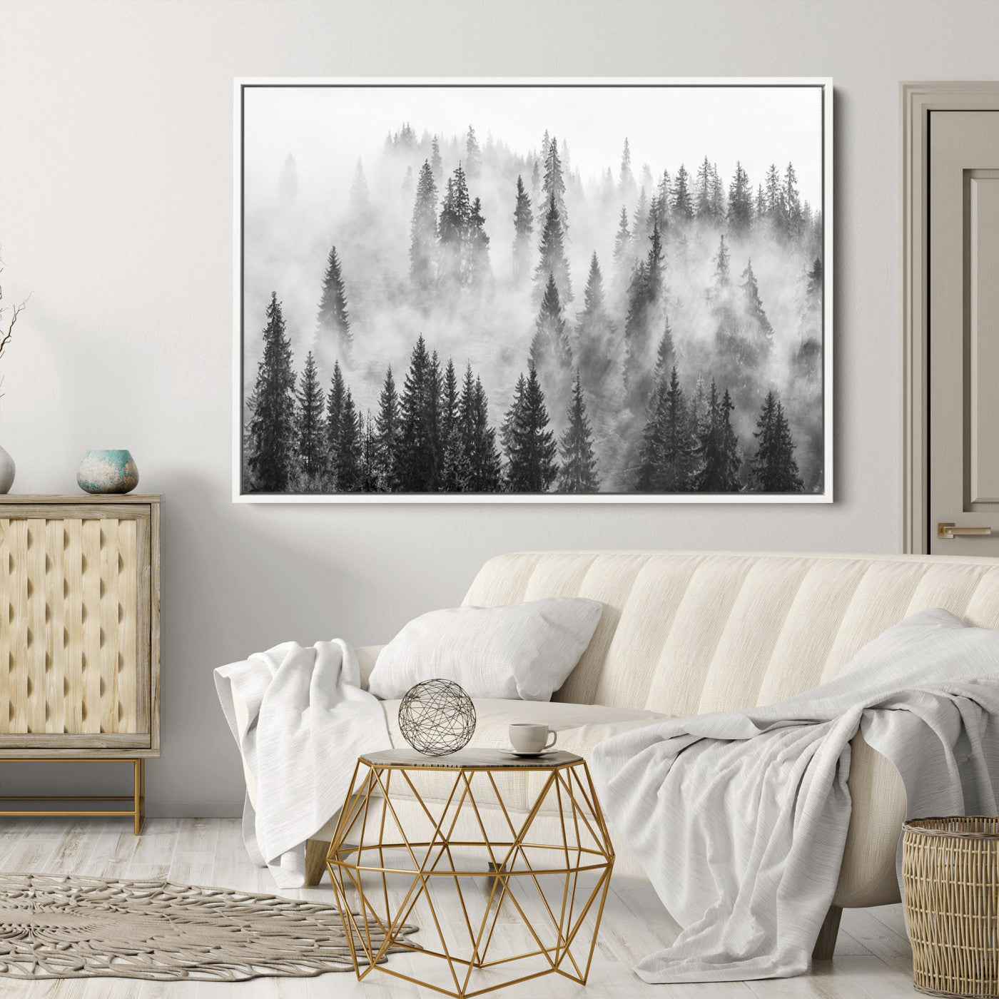 10422-MGV-CV-36X24-Forest Wall Art Print | Foggy Pine Forest Canvas Wall Art - Black and White Nature Decor for Living Room