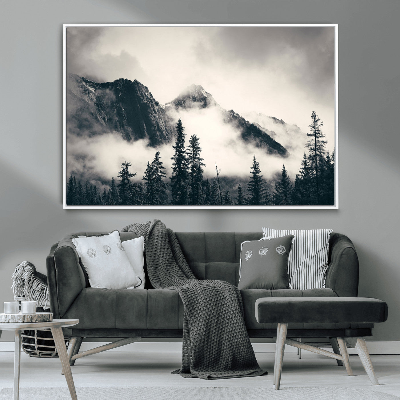 MGV-FC-36X24 - Large Foggy Mountain Forest Wall Art Canvas Print | Misty Mountain Peaks and Pine Trees Print | Framed Gallery Wrap | Rustic Nature Farmhouse Decor