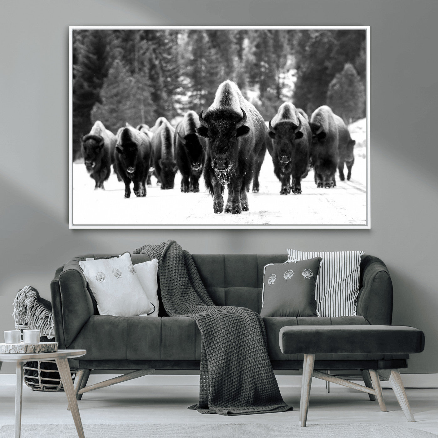 62434-MGV-CV-36X24-Bison Herd in Snow Wall Art Canvas Print | Rustic Western Bison Wall Art for Decor for Living Room,