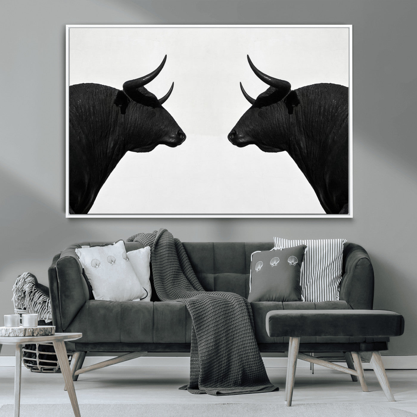 -Spanish Bull Art - Framed Black and White Bull Canvas Print for Modern Rustic Home or Office Decor