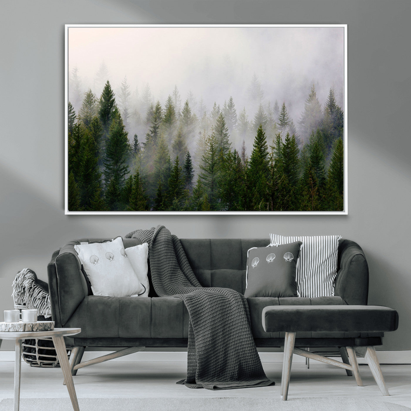 MGV-FC-36X24 - Misty Pine Forest Wall Art Canvas Print | 3 Panel Green Woodland Canvas Print for Living Room, Office, or Dining Room | Nature Foggy Forest Decor