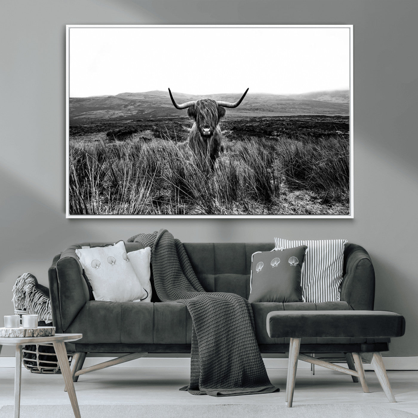 MGV-FC-36X24 - Black and White Highland Cow Canvas Wall Art, Longhorn Triptych Western Wall Decor for Cabin -