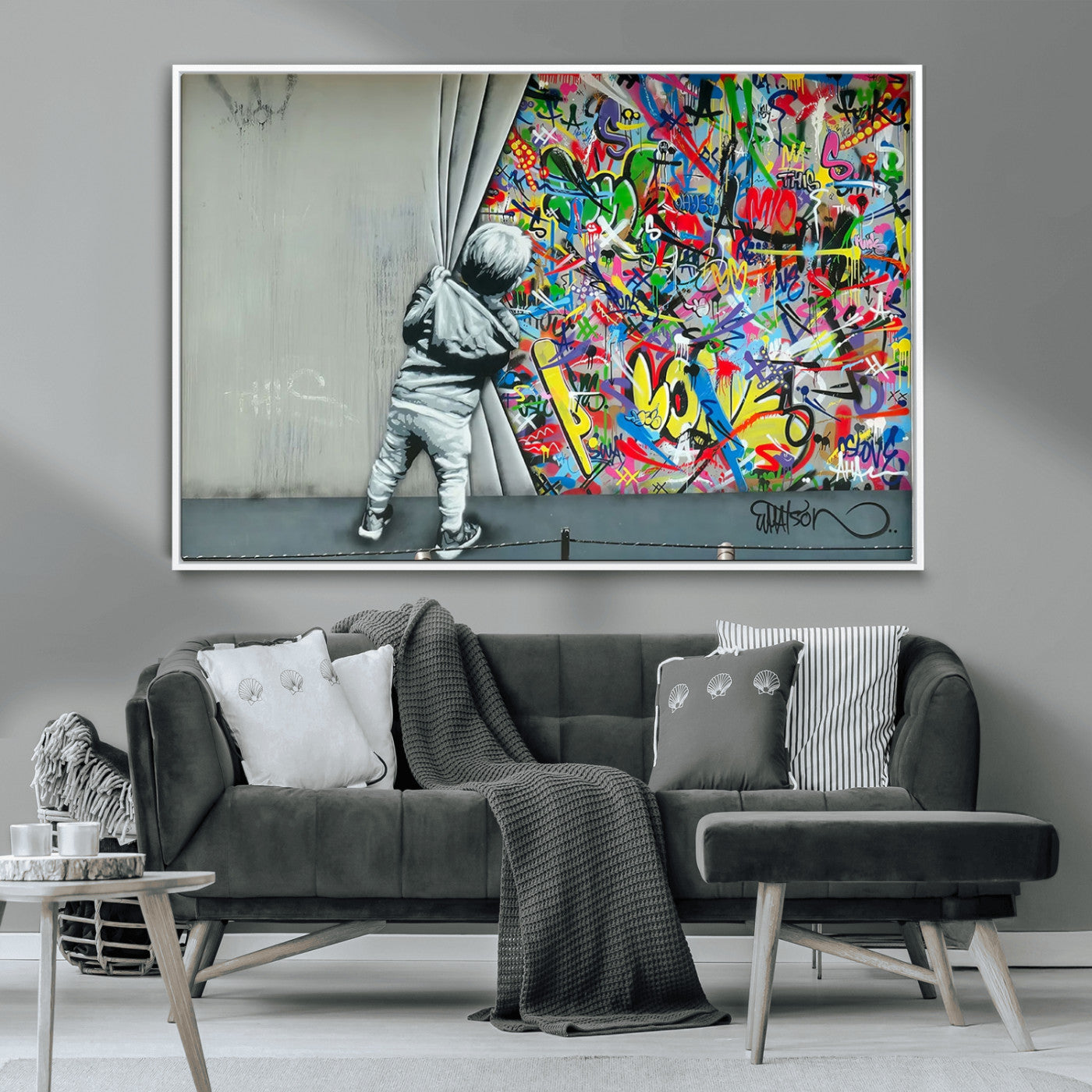 MGV-FC-36X24 - Banksy Colorful Street Graffiti Canvas Wall Art Print, Modern Art Triptych, Child and Graffiti Wall, Urban Art for Home or Office Decor