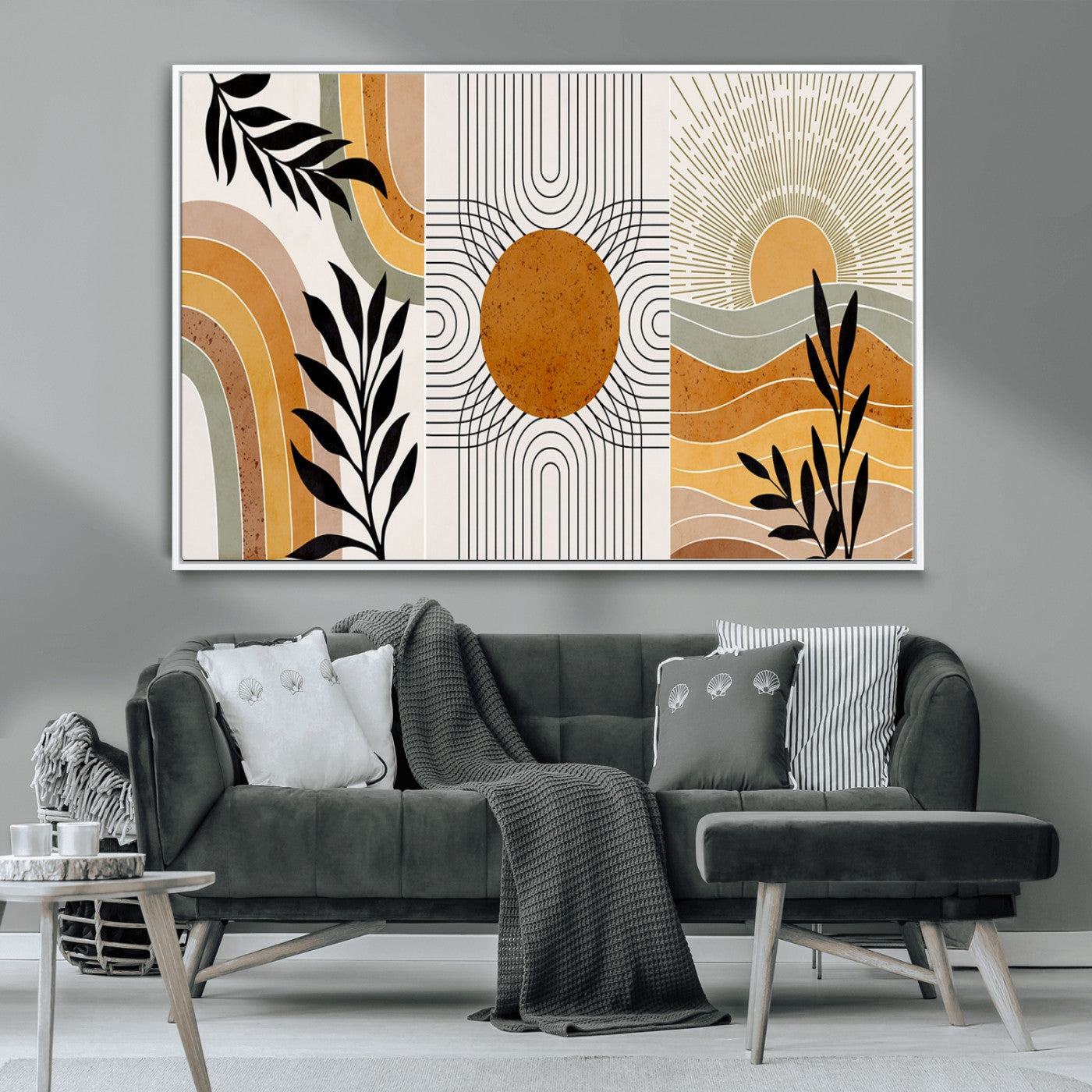 MGV-FC-36X24 - Modern Boho Sun and Leaf Abstract Art – 3-Panel Giclée Canvas for Mid-Century Modern or Bohemian