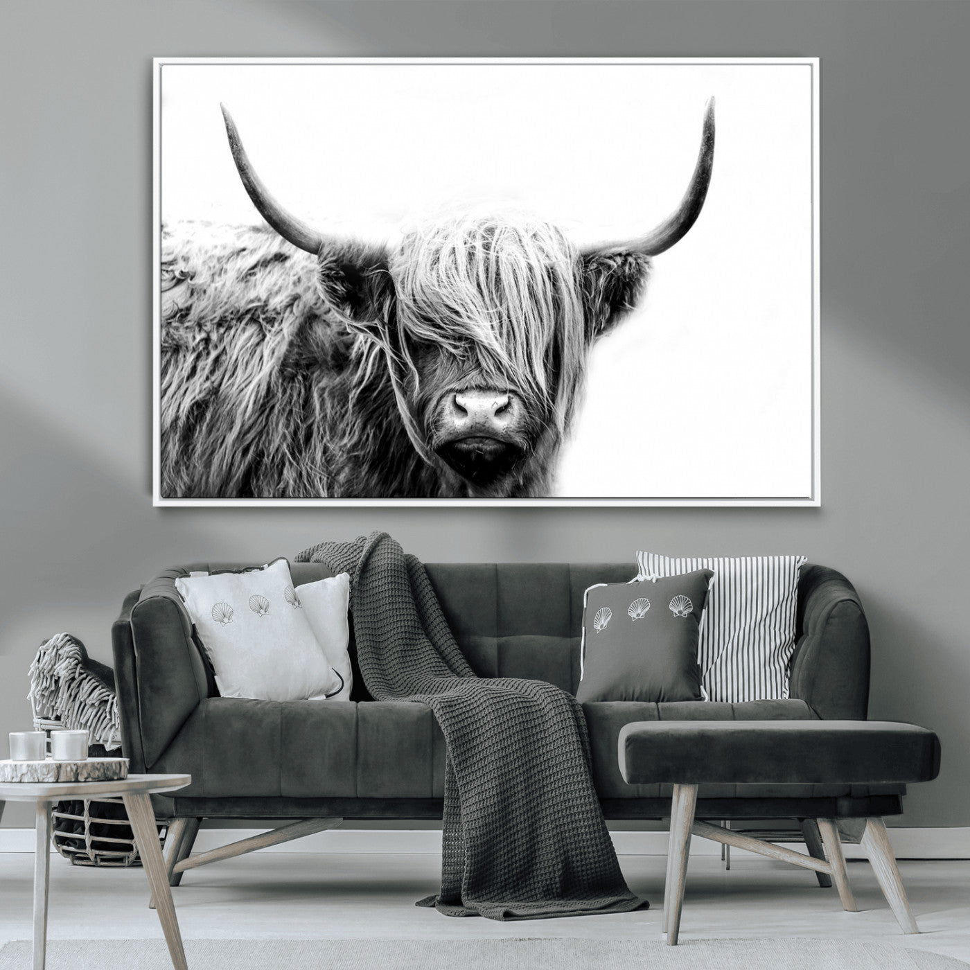MGV-FC-36X24 - Black White Scottish Highland Cow Cattle Art Print Farmhouse Wall Art Canvas Print