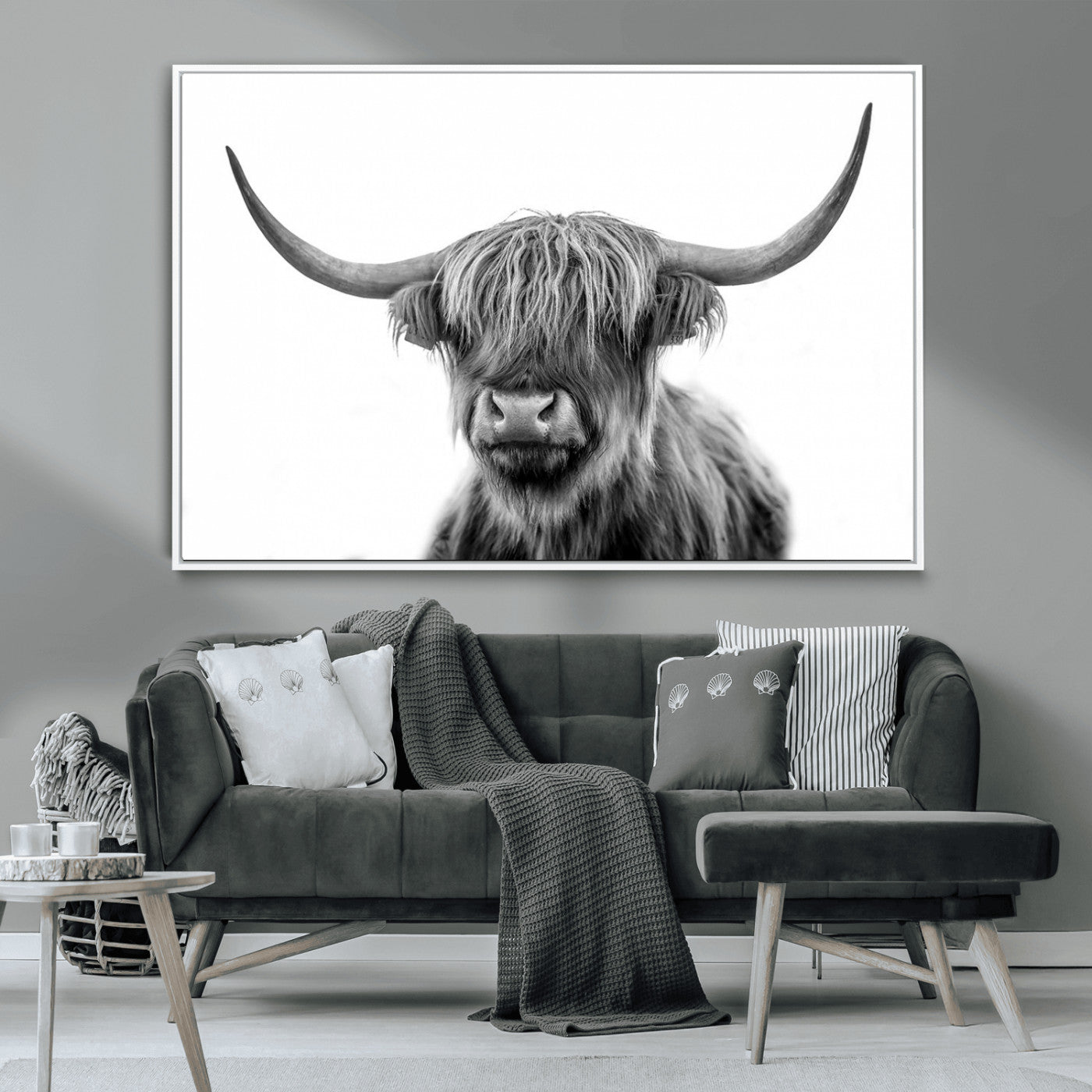 MGV-FC-36X24 - Grayscale Scottish Highland Cow Cattle Art Print Farmhouse Wall Art Canvas Print