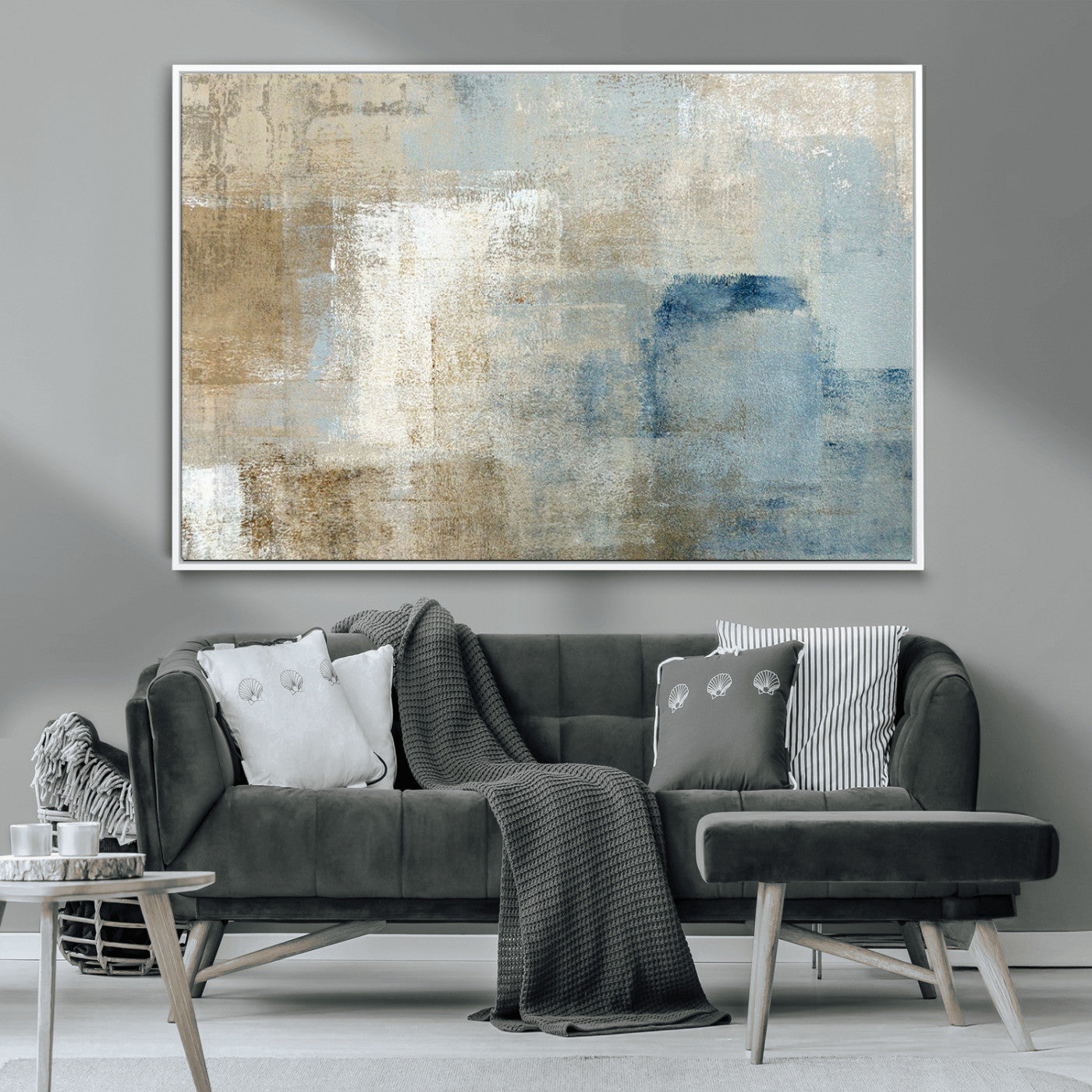MGV-FC-36X24 - Abstract Blue and Beige Wall Art, Modern Minimalist Canvas Print Set, Giclee Textured Art, Large Multi-Panel Artwork for Living Room