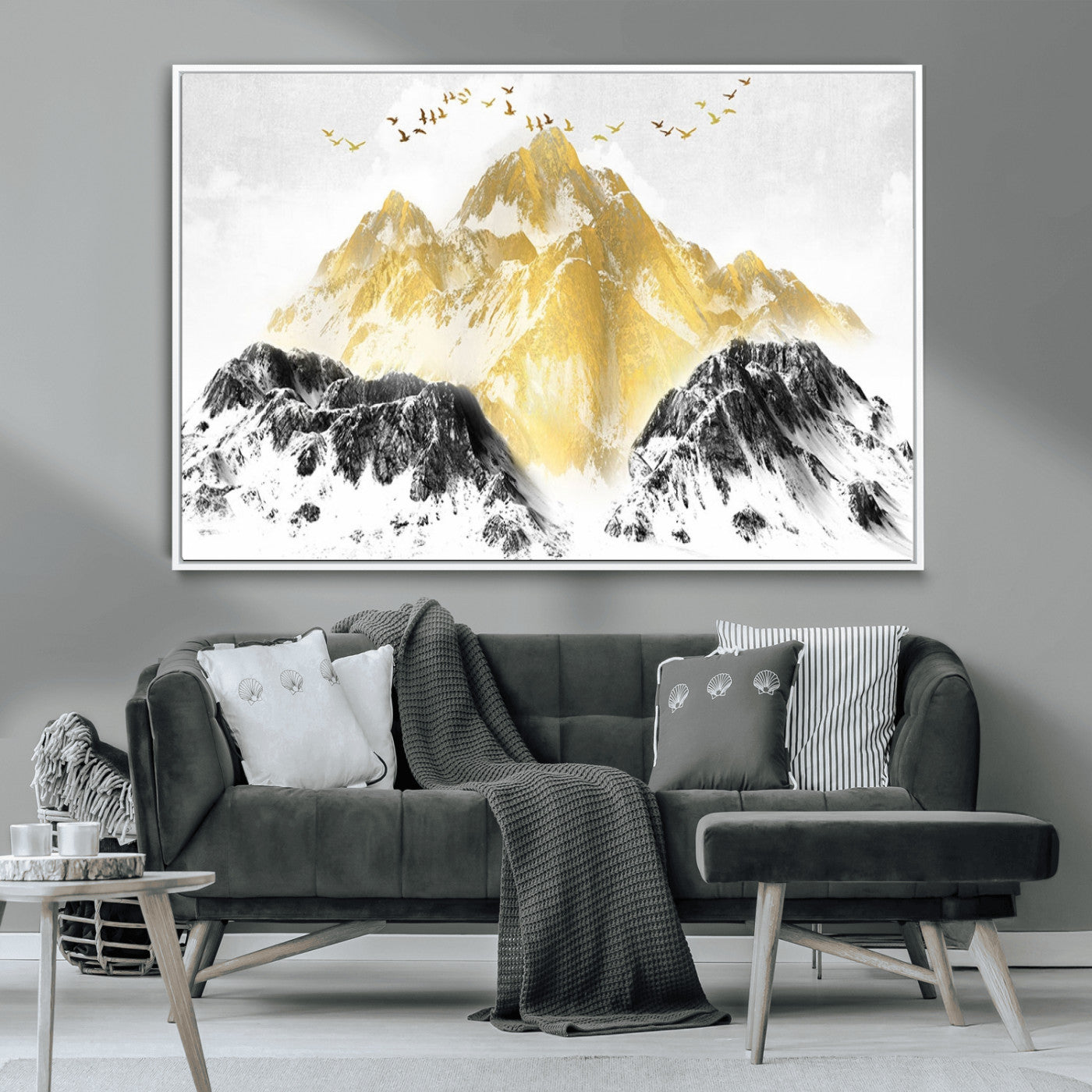 MGV-FC-36X24 - Golden Mountain Triptych Wall Art, Modern Giclee Canvas Print, Nature Landscape Decor for Living Room, Contemporary Gold and Black Wall Art