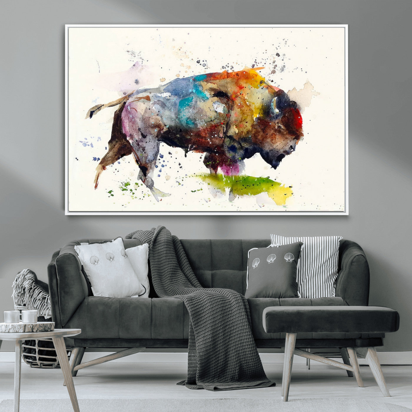 MGV-FC-36X24 - Abstract Buffalo Wall Art, Western Watercolor Bison Canvas Print, Rustic Buffalo Art for Cowboy and Western Decor, Large Multi-Panel Giclee Canvas