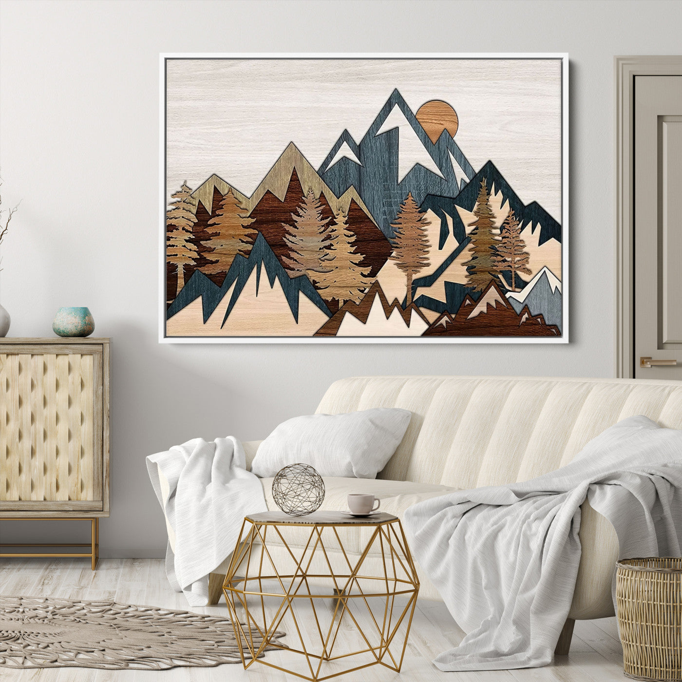 67950-MGV-CV-36X24-Rustic Abstract Wood Panel Effect Canvas Mountain Range Top Wood Wall Art Canvas Print