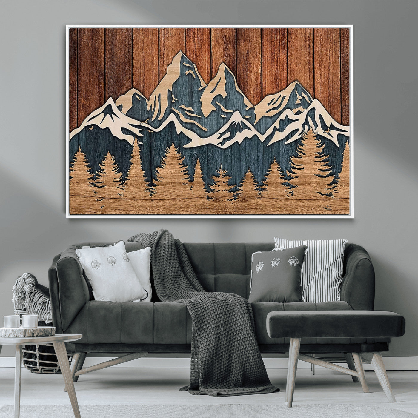 MGV-FC-36X24 - Rustic Wood Style Mountain Wall Art, Nature Forest Canvas Print, Wooden Textured Mountain Artwork, Handcrafted Landscape Decor for Farmhouse Decor