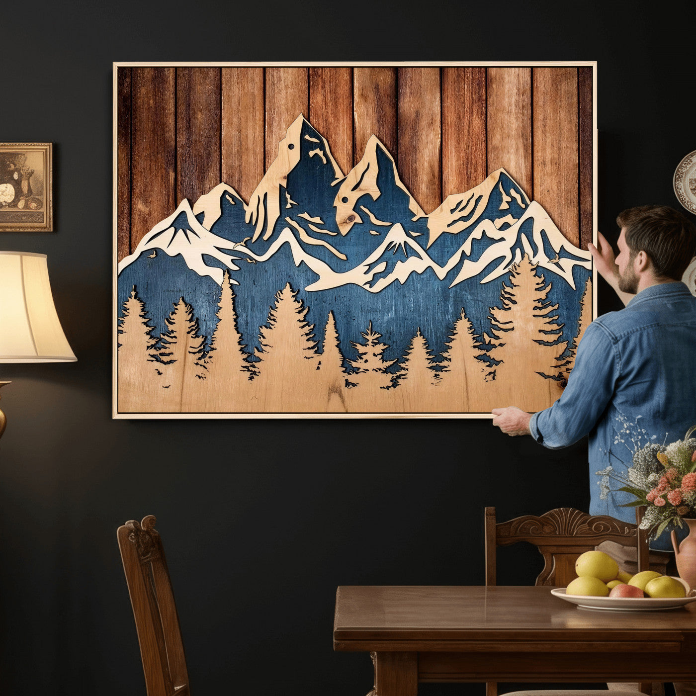 41330-MGV-CV-36X24 - Rustic Wood Style Mountain Wall Art, Nature Forest Canvas Print, Wooden Textured Mountain Artwork Print