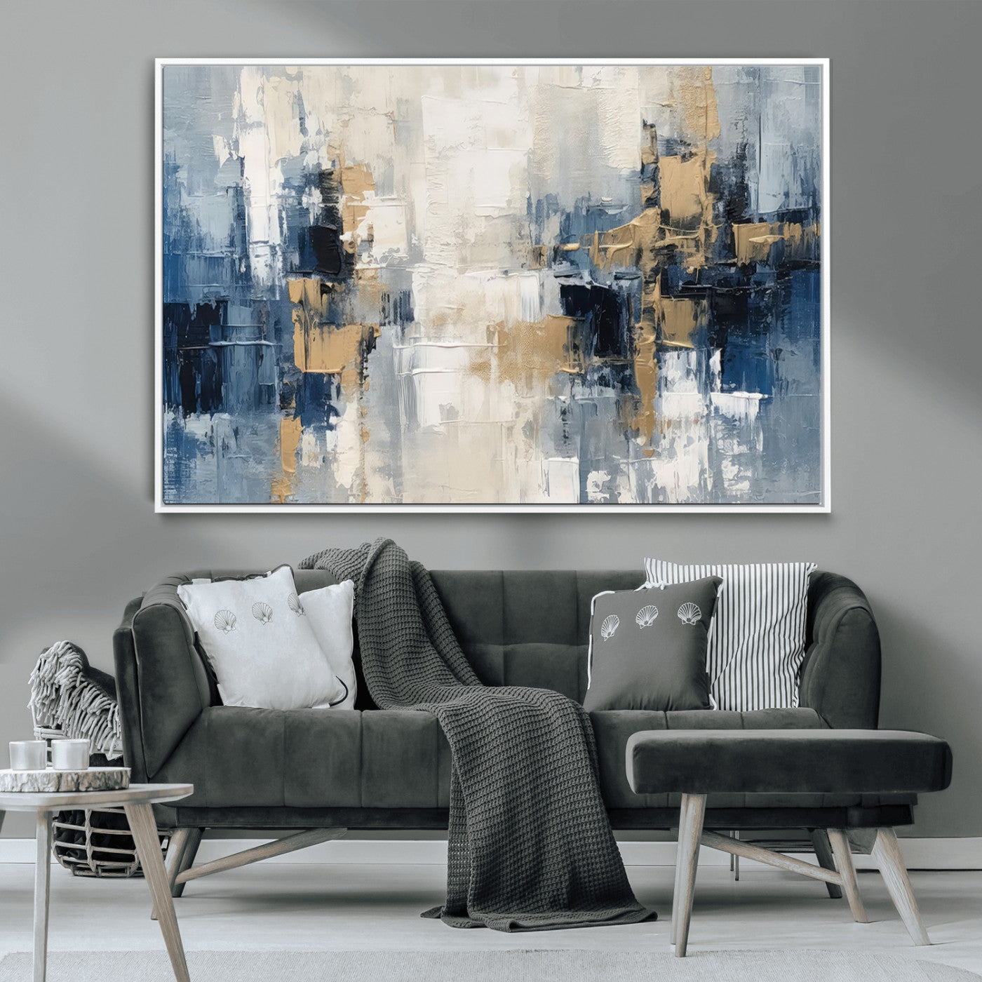 -Modern Abstract Canvas Wall Art in Blue and Gold Tones | Large Contemporary Art for Living Room,