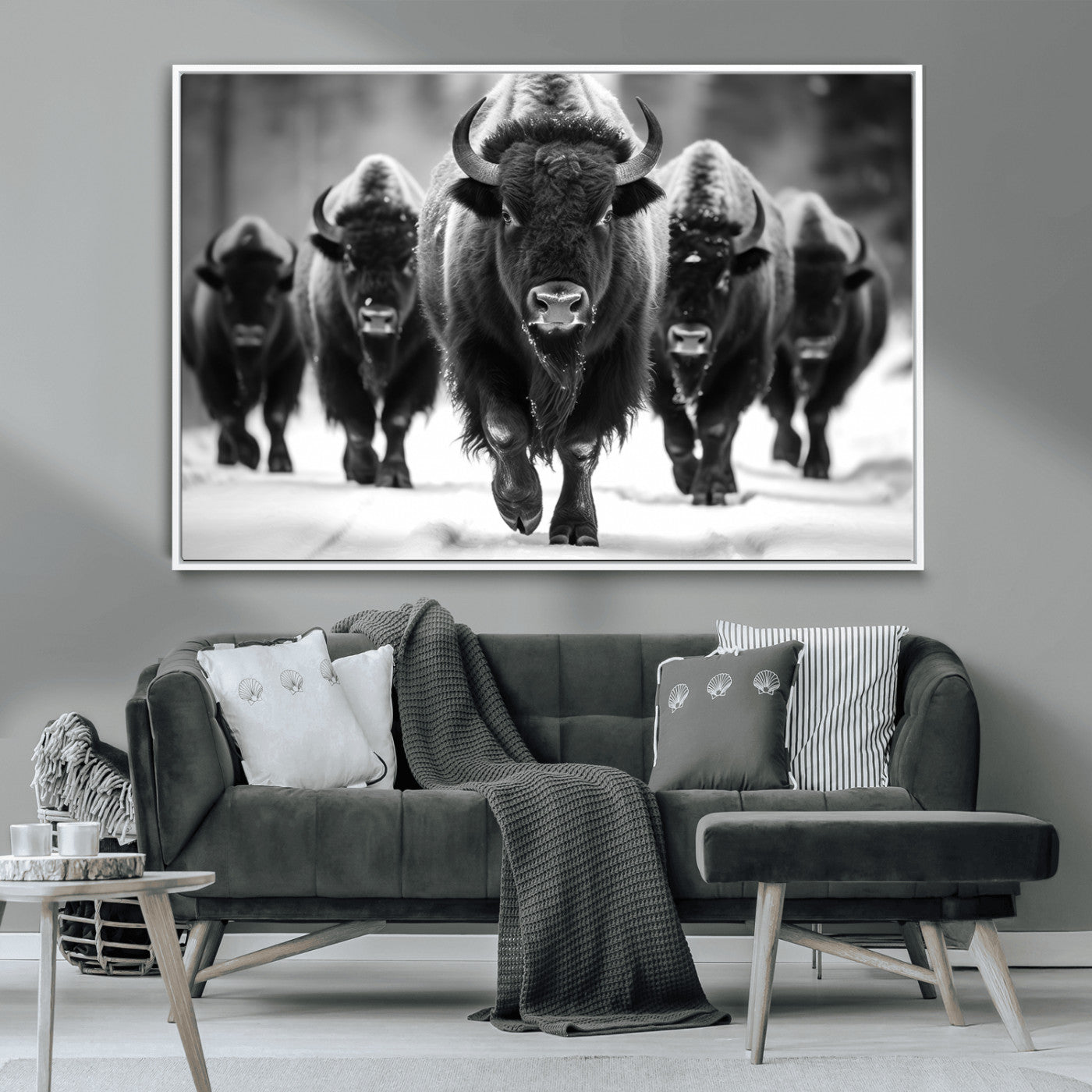 MGV-FC-36X24 - American Bison Art | Buffalo Herd Wall Art Canvas Print, BW American Bison Herd Wall Art Canvas Print