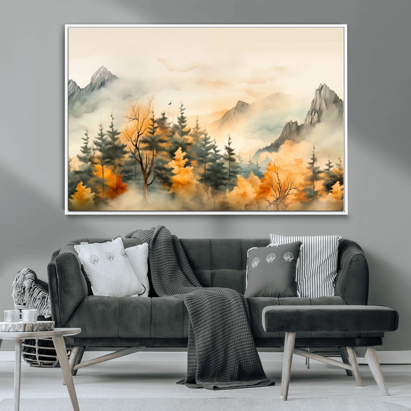 MGV-FC-36X24 - Abstract Watercolor Mountains and Trees Autumn Art, Watercolor Mountains and Trees Canvas Print