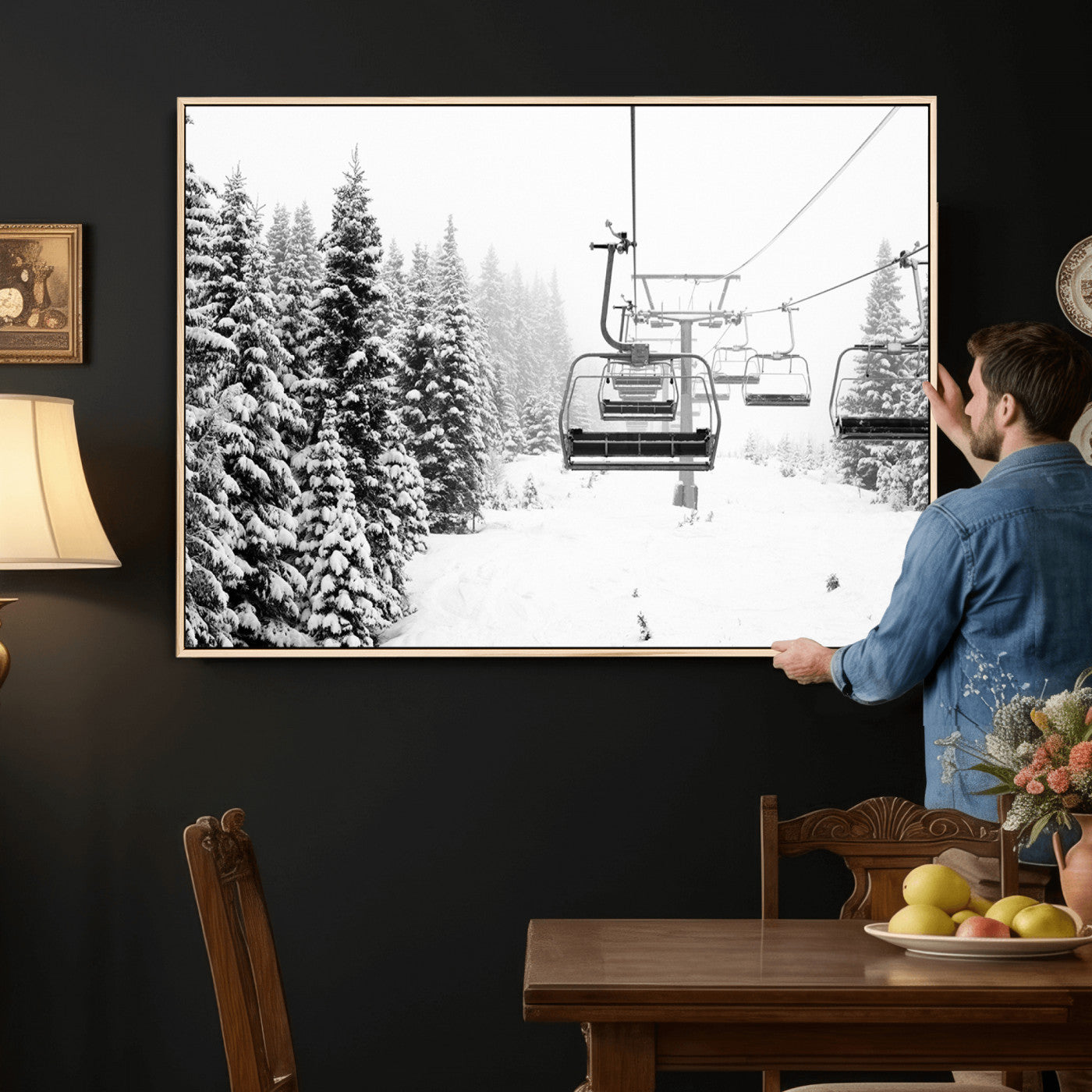 70609-MGV-CV-36X24 - Ski Wall Art - Ski Lift Wall Art Canvas Print Snow Covered Spruce Trees Winter Wall Art Ski Skier