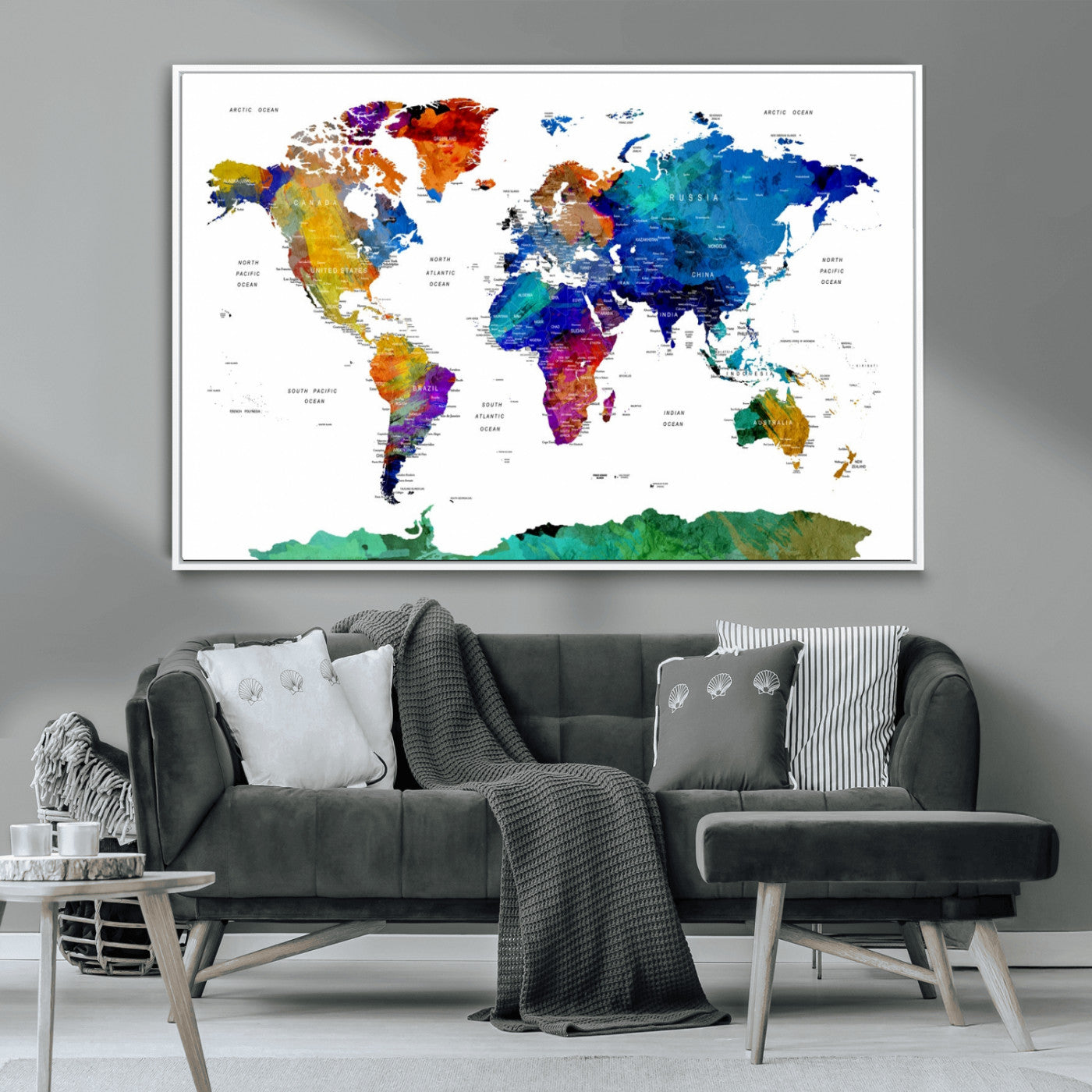 -Push Pin World Map Canvas Print – Framed Wall Art for Couples to Track Their Travels – Anniversary