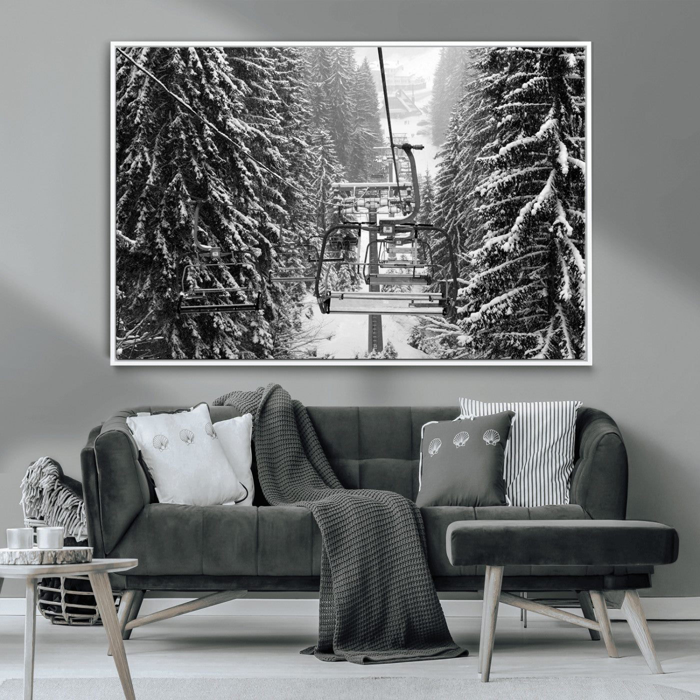 MGV-FC-36X24 - Winter Ski Lift Black and White Canvas Wall Art – Alpine Escape in Minimalist Style – Ready to Hang