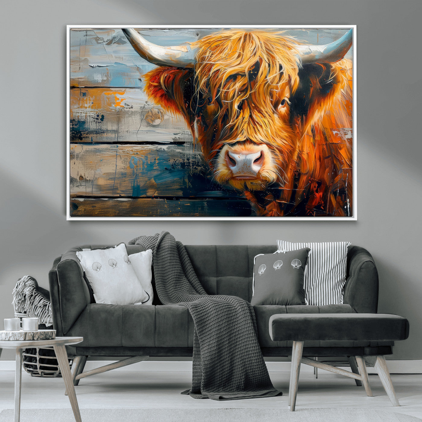 -Highland Cow Abstract Canvas Wall Art – Bold Farmhouse Rustic Decor – Ready to Hang
