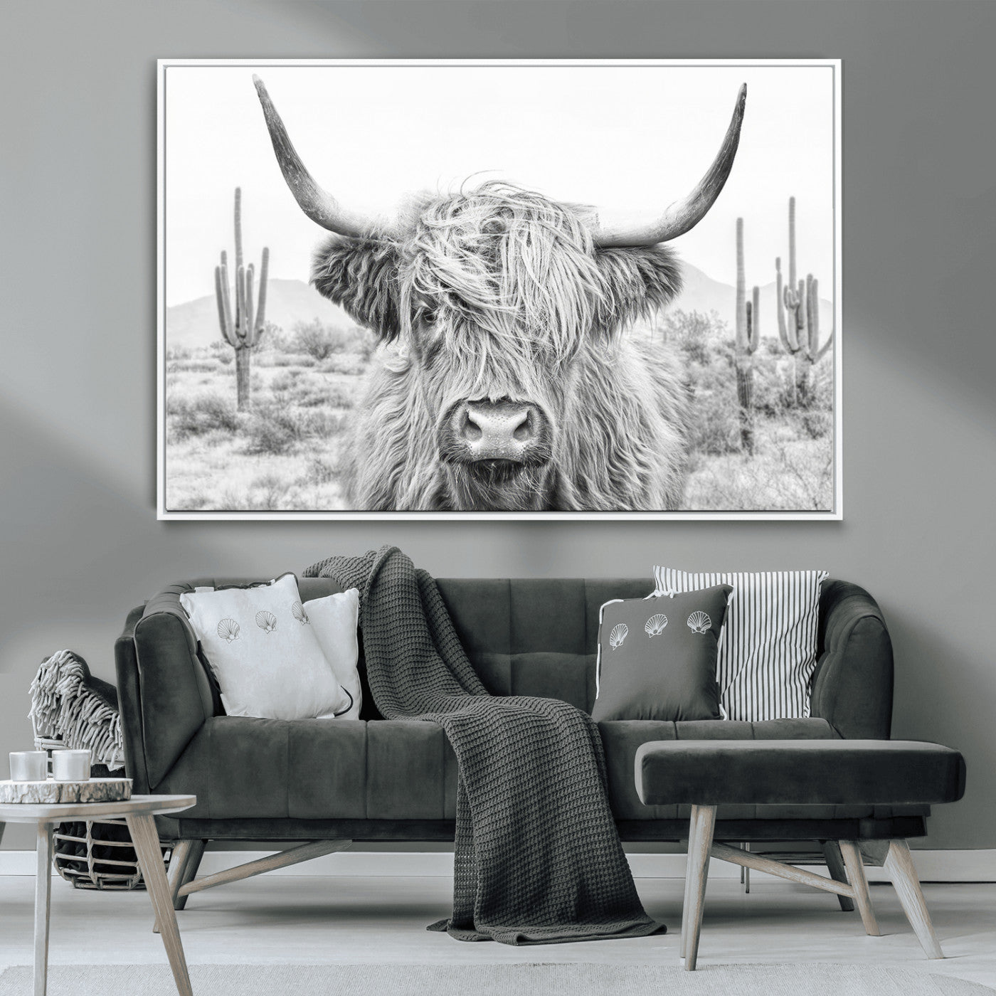 94579-MGV-FC-36X24_White-Rustic Charm | Cow Longhorn Black White Bighorn Wall Art Canvas Print | Farmhouse Wall Art