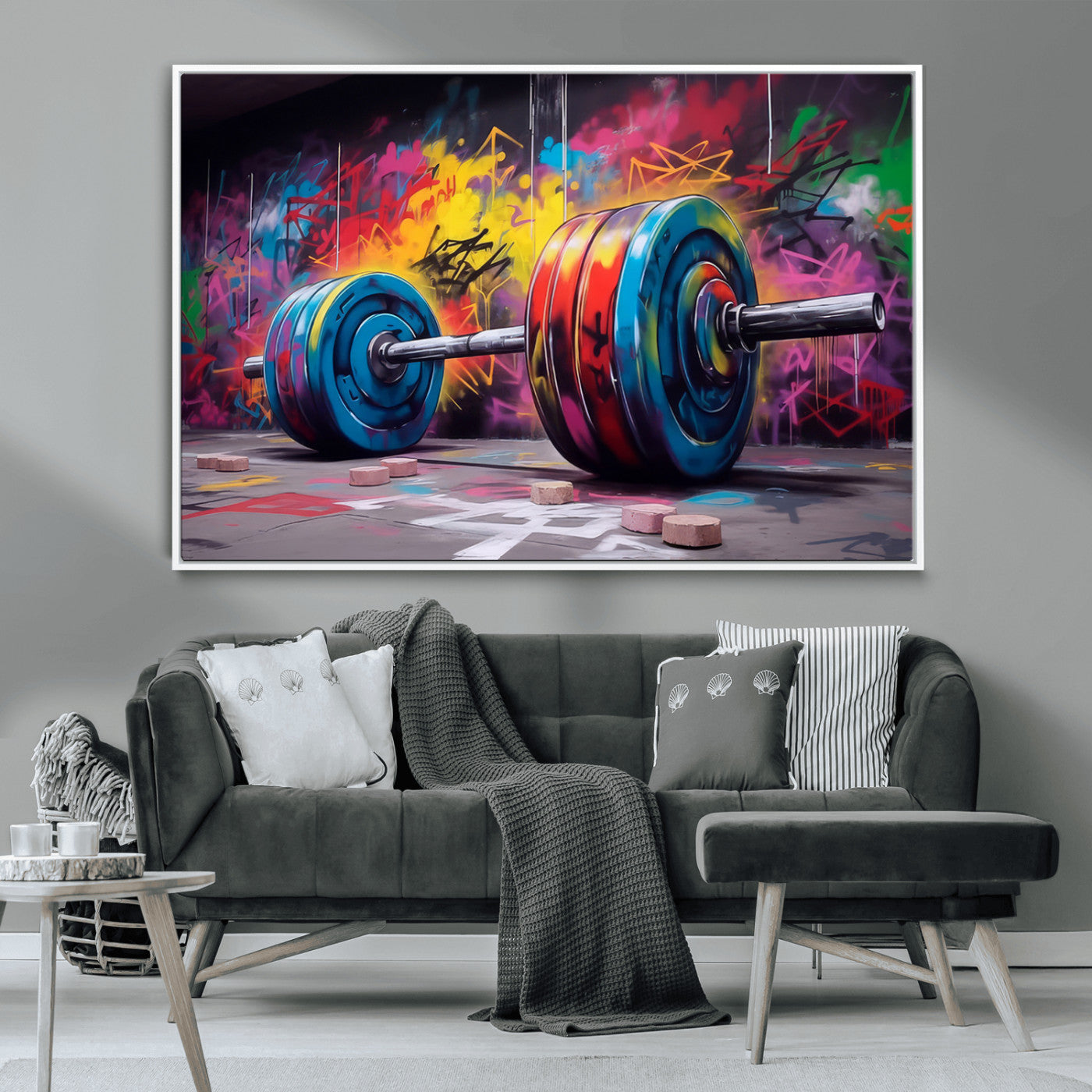MGV-FC-36X24 - Abstract Graffiti Barbell Canvas Wall Art – Urban Fitness Meets Bold Street Art Print - Gym Wall Art Print