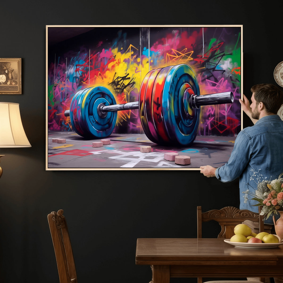13549-MGV-CV-36X24 - Abstract Graffiti Barbell Canvas Wall Art | Urban Fitness Meets Bold Street Art