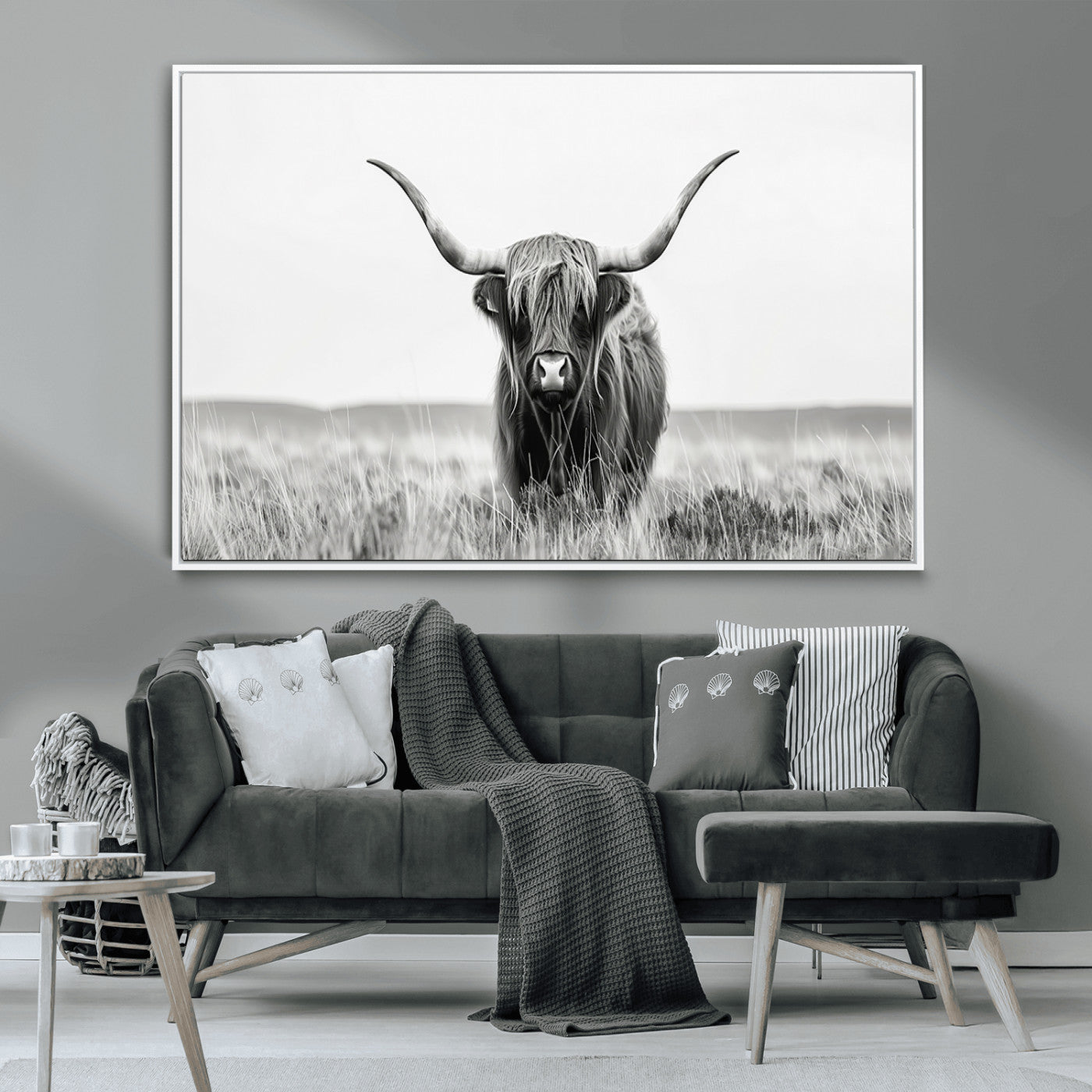 MGV-FC-36X24 - Highland Cow Canvas Wall Art – Majestic Beauty in Black and White – Ready to Hang